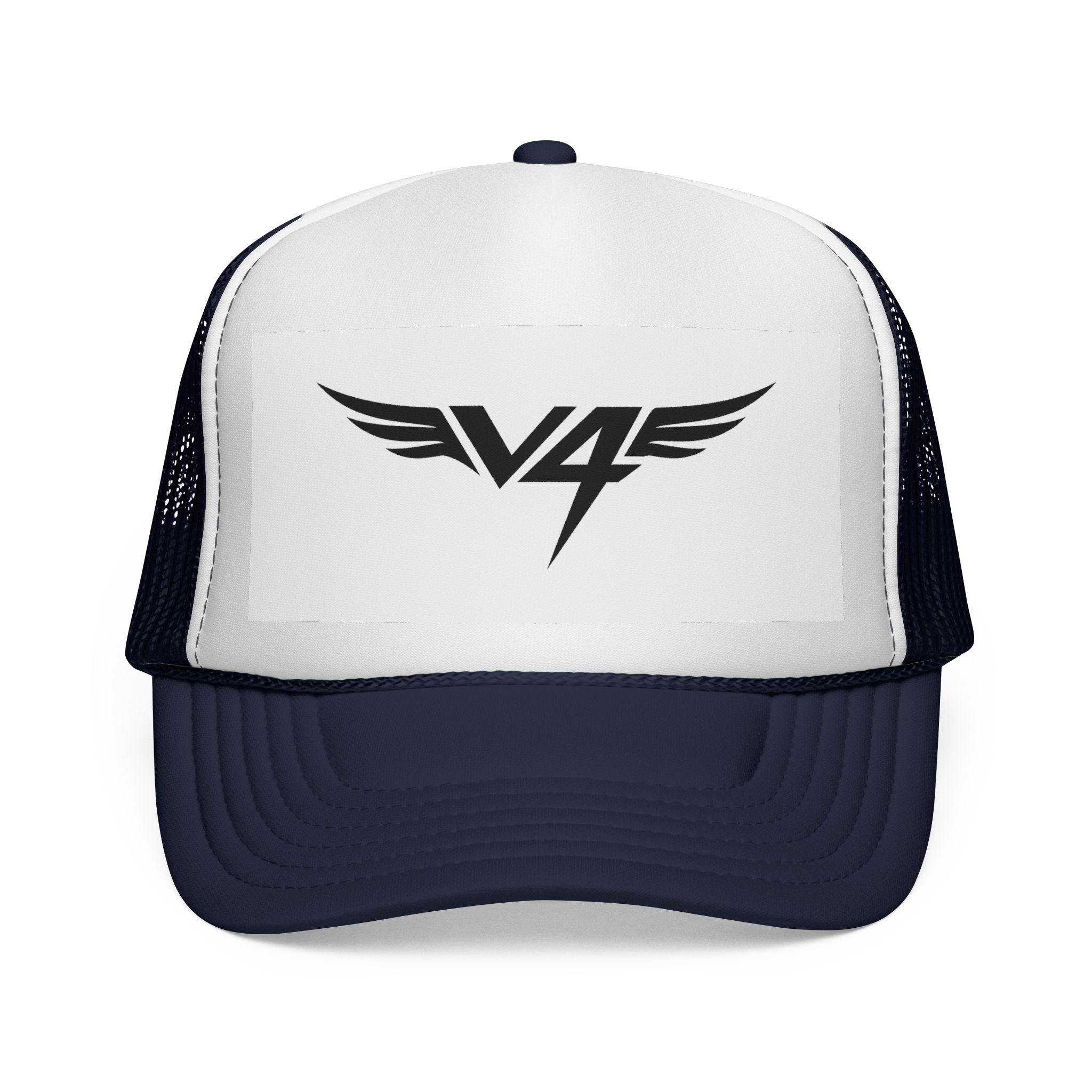 V4 Wing Logo Trucker Cap — Retro Patriotic Red, White & Blue Mesh Hat