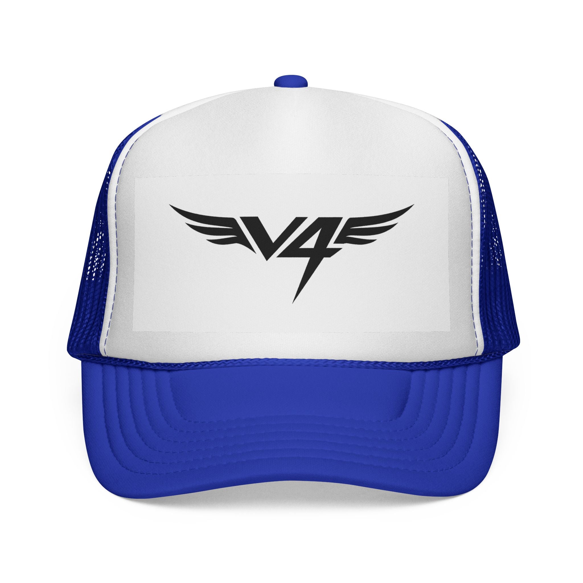 V4 Wing Logo Trucker Cap — Retro Patriotic Red, White & Blue Mesh Hat