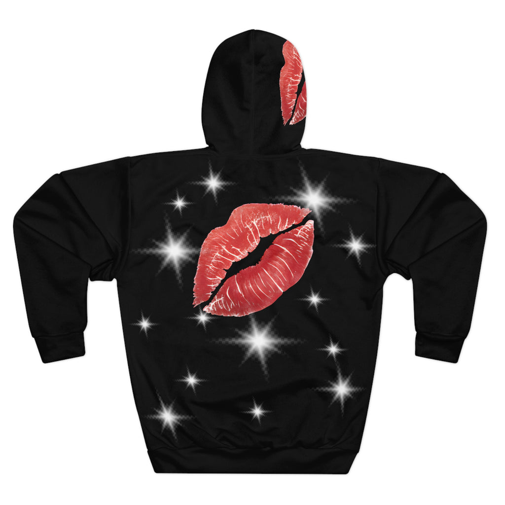 Kiss Print Hoodie — Red Lip Pattern Pullover with Sparkle Back