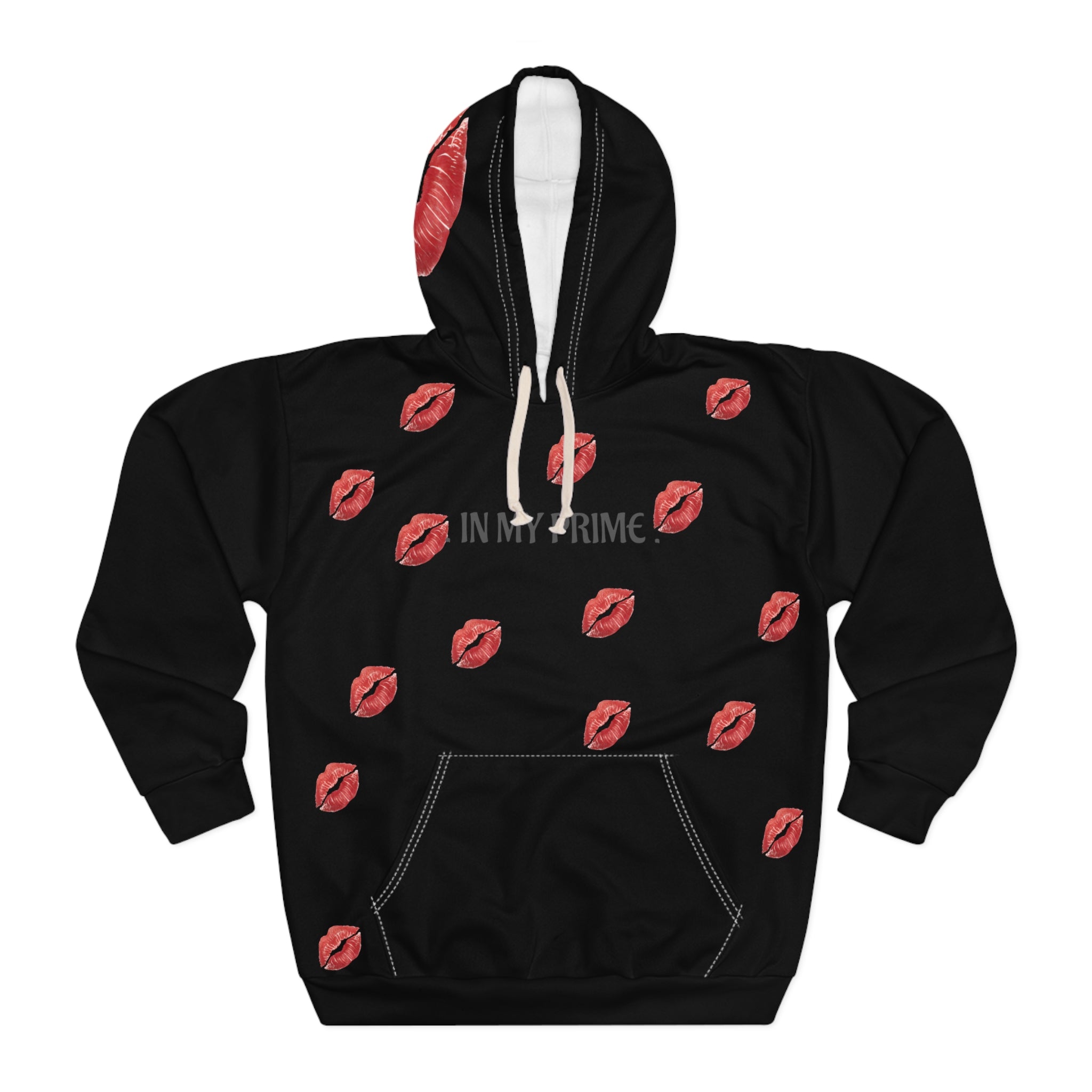 Kiss Print Hoodie — Red Lip Pattern Pullover with Sparkle Back
