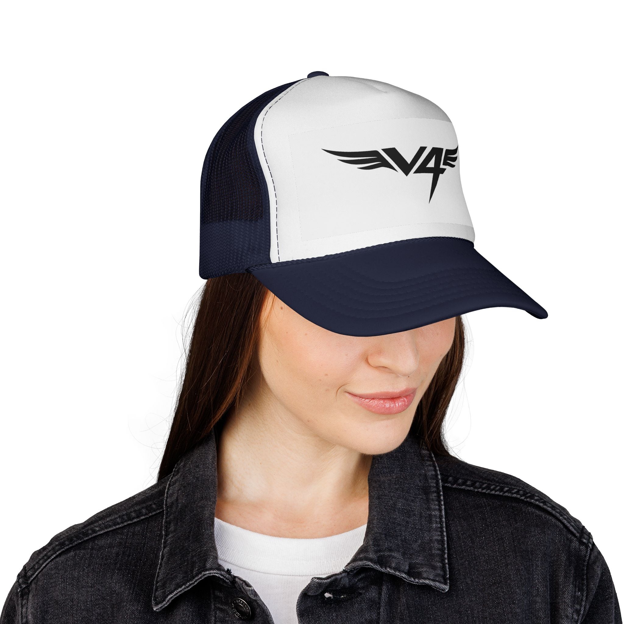 V4 Wing Logo Trucker Cap — Retro Patriotic Red, White & Blue Mesh Hat