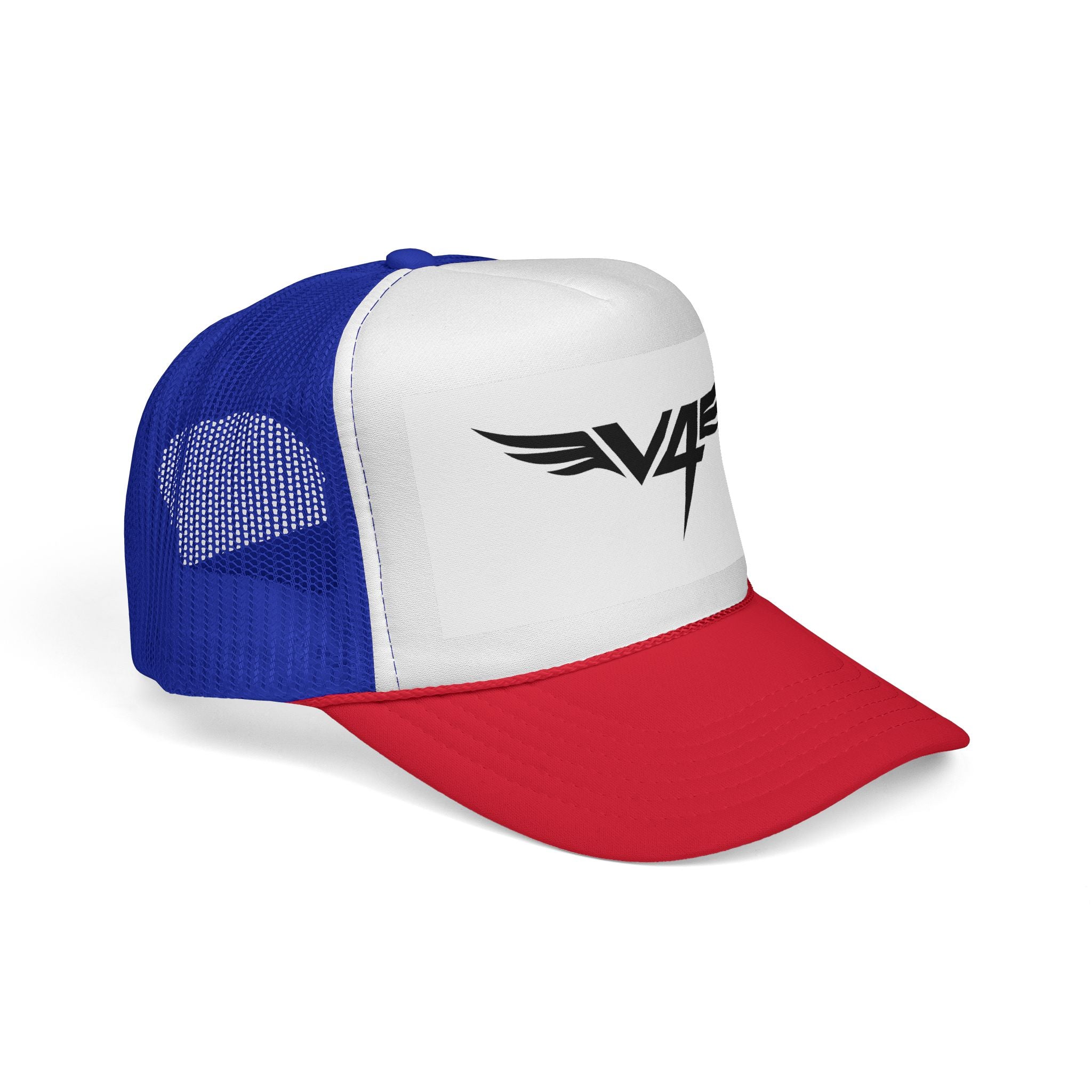 V4 Wing Logo Trucker Cap — Retro Patriotic Red, White & Blue Mesh Hat
