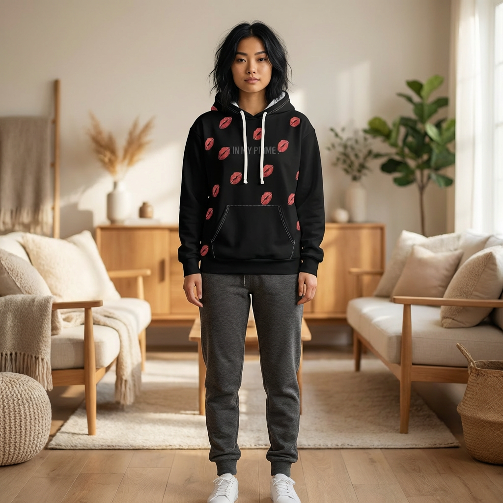 Kiss Print Hoodie — Red Lip Pattern Pullover with Sparkle Back