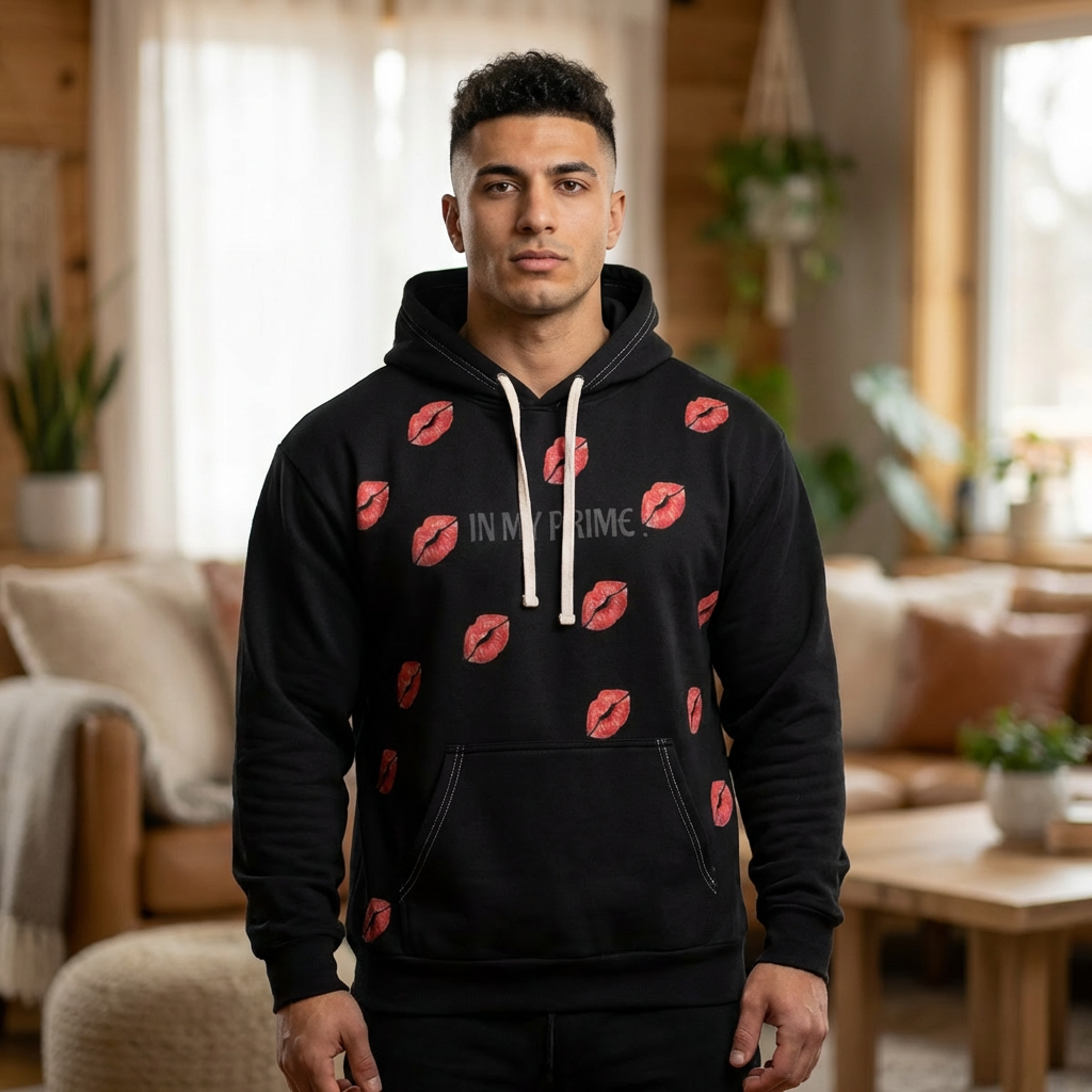 Kiss Print Hoodie — Red Lip Pattern Pullover with Sparkle Back