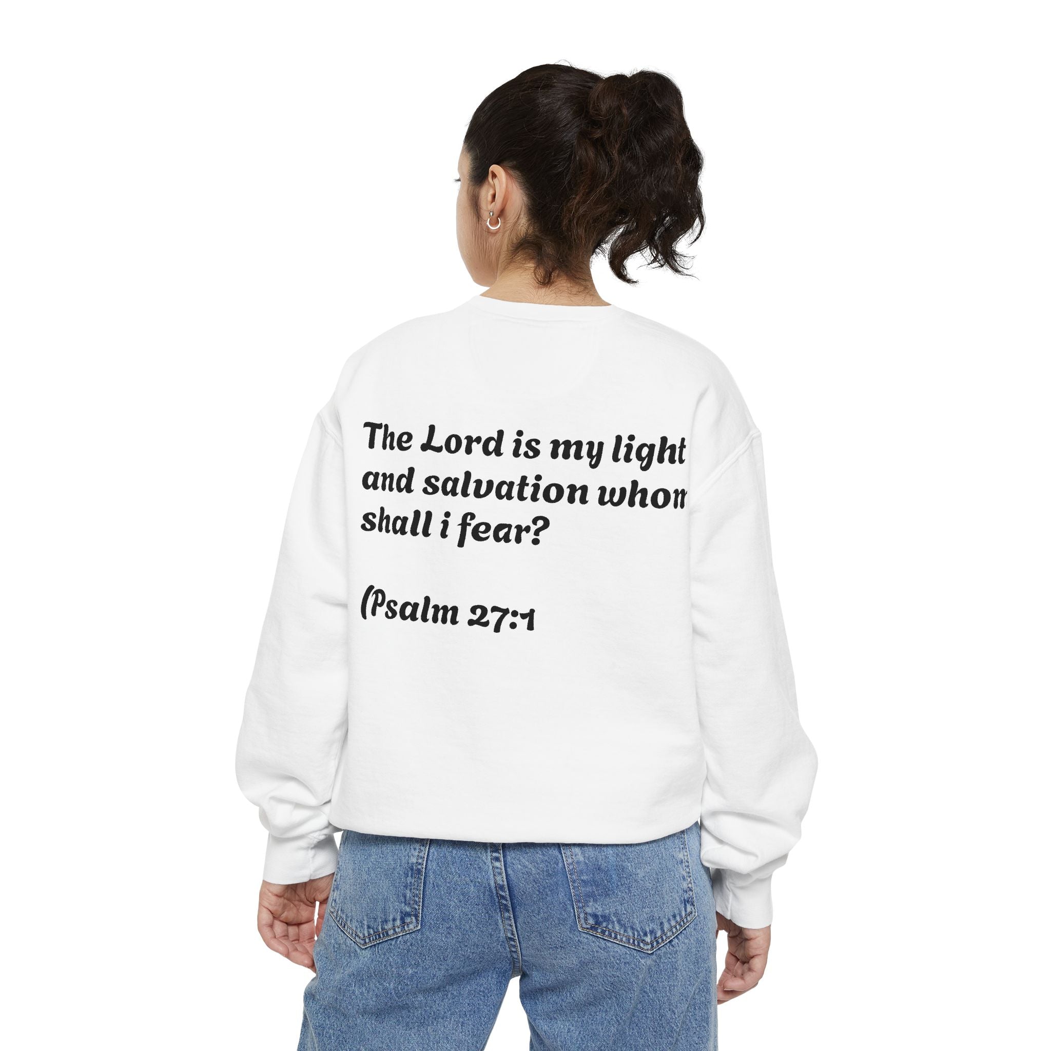 Christian Sweatshirt — Cross Design with Psalm 27:1 Verse Back