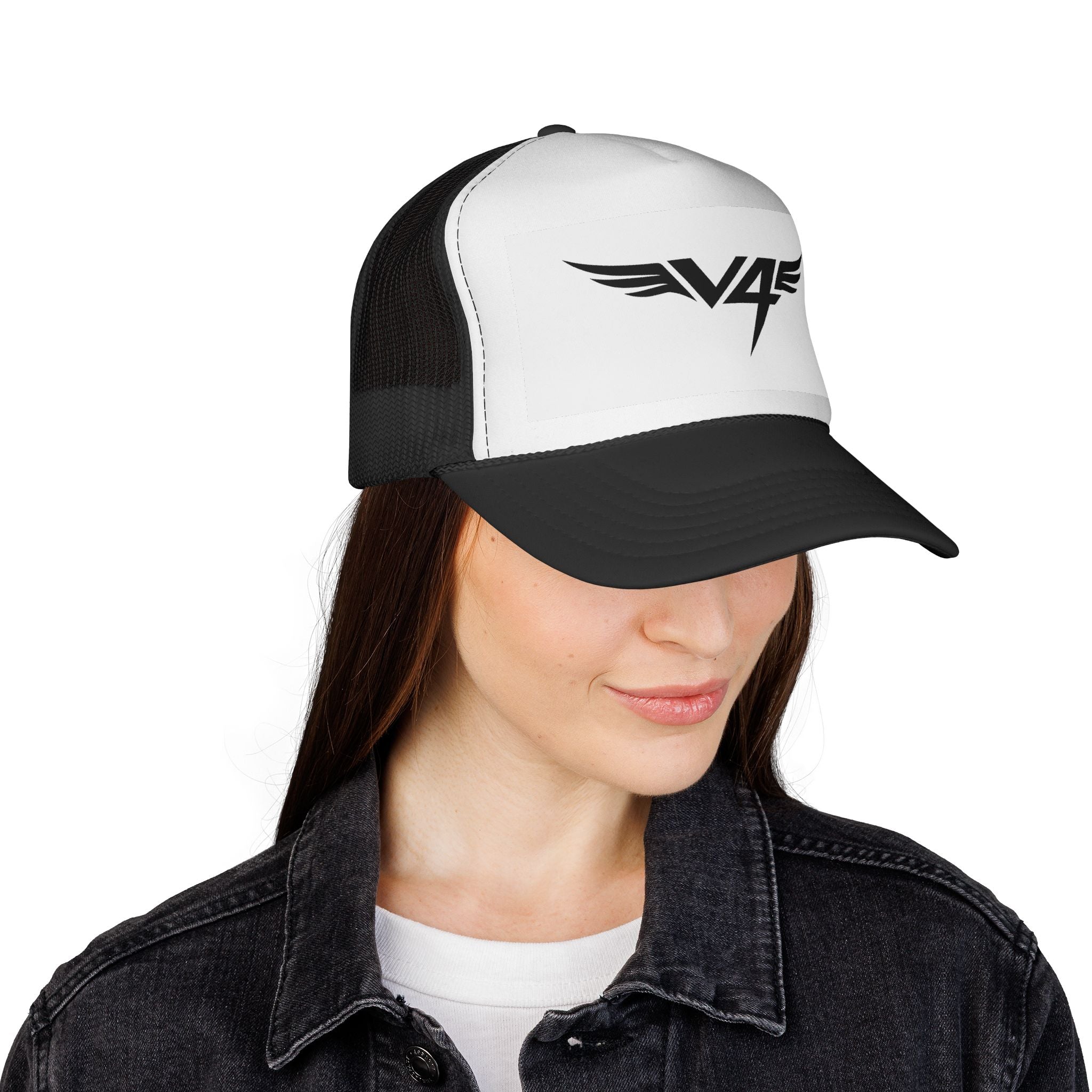 V4 Wing Logo Trucker Cap — Retro Patriotic Red, White & Blue Mesh Hat