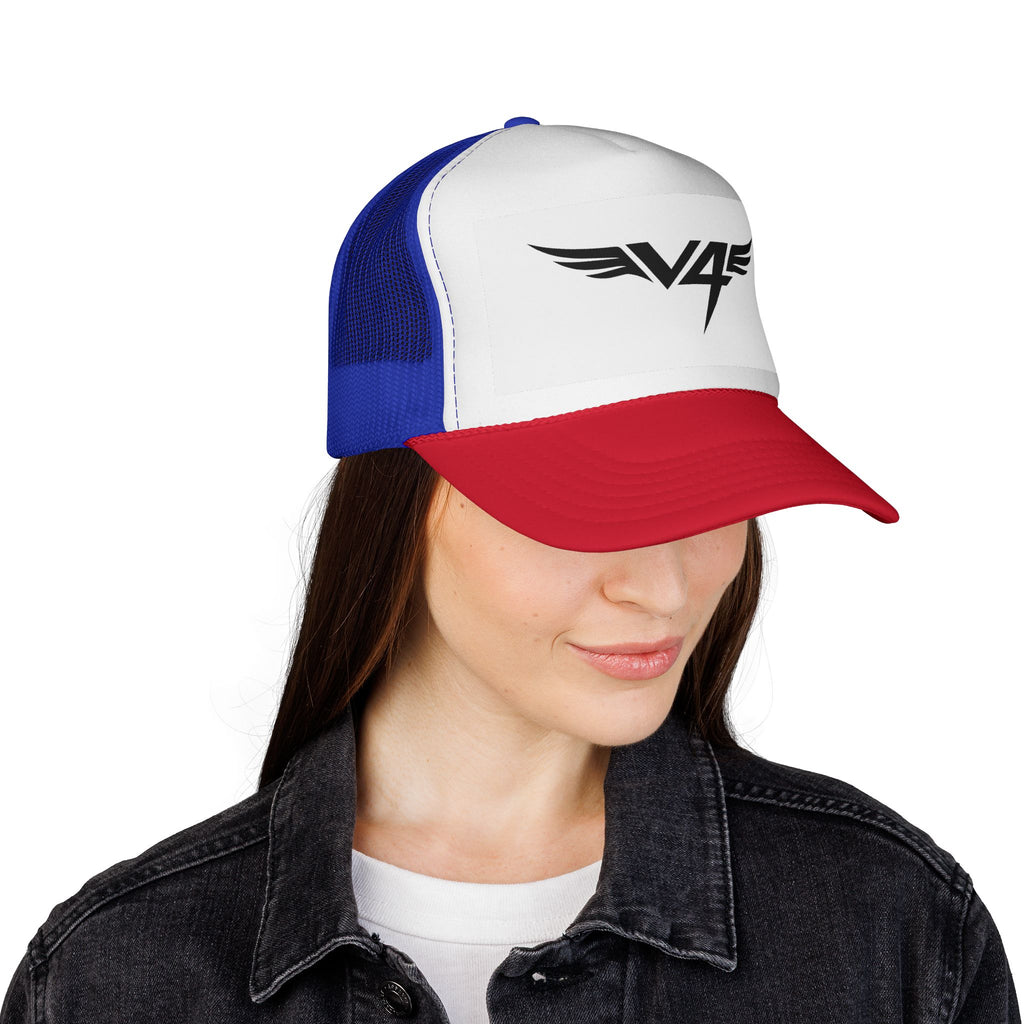 V4 Wing Logo Trucker Cap — Retro Patriotic Red, White & Blue Mesh Hat